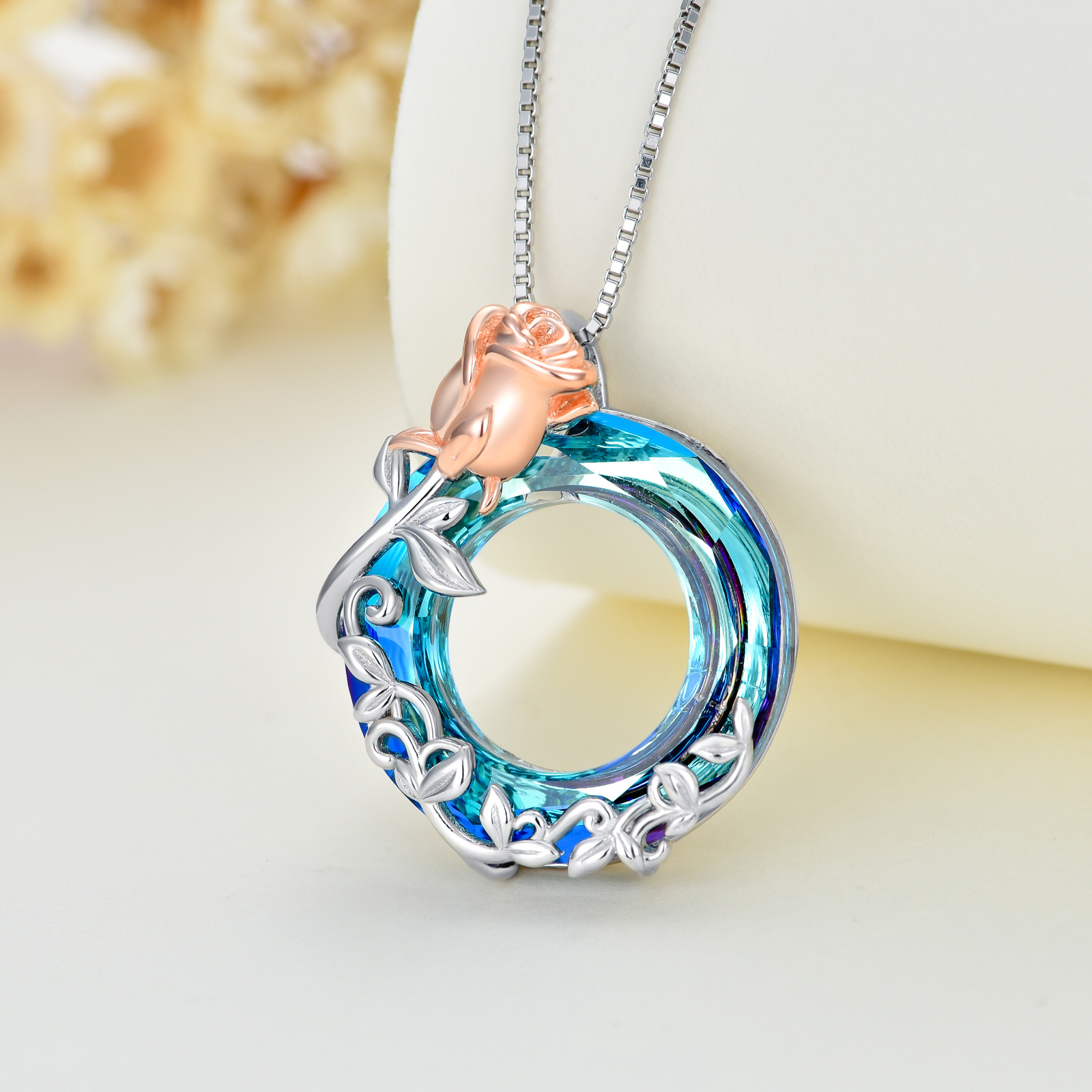 Sterling Silver Rose Flower Crystal Necklace