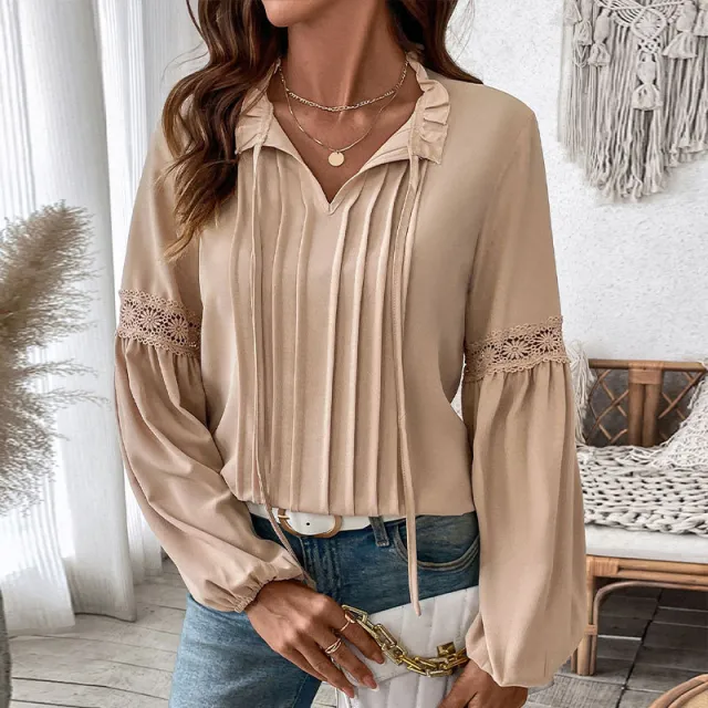 Elegant Temperament Blouse With Lace V neck And Solid Color Pleated Shirt For Women Khaki - Shop at LoveMi